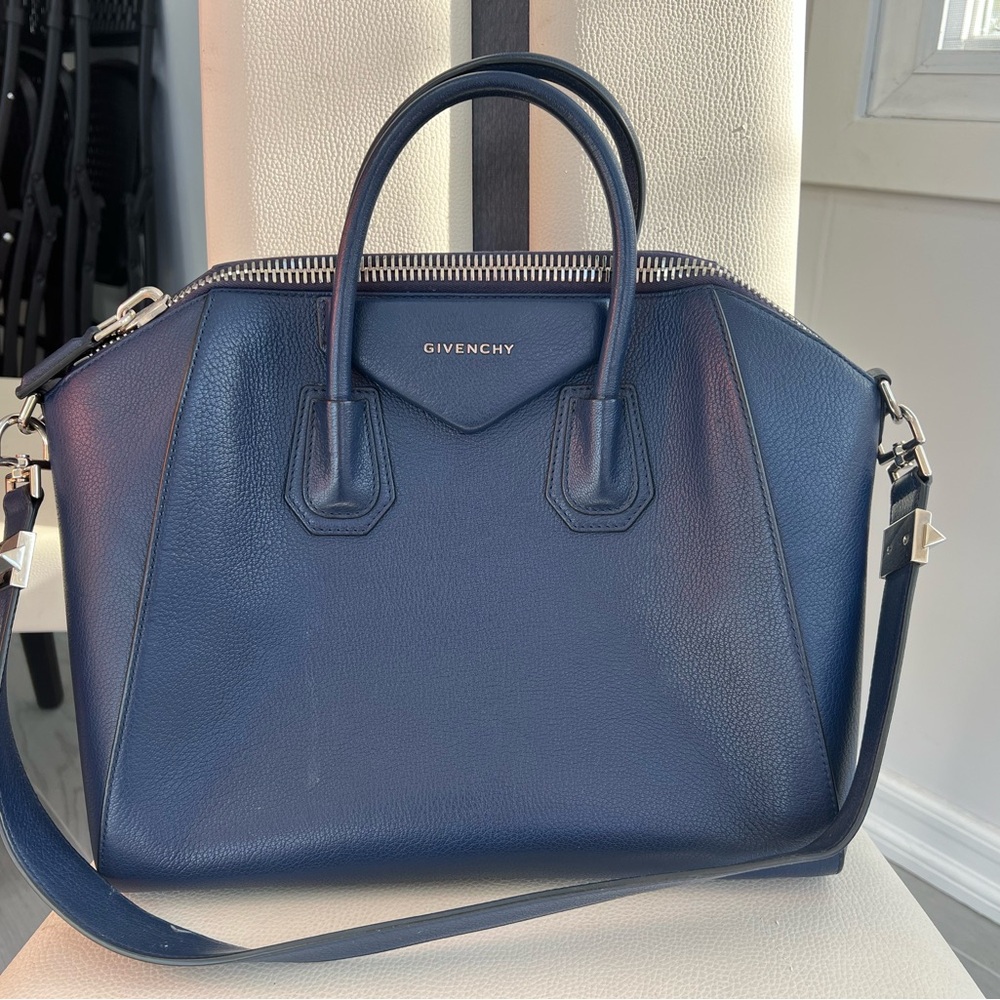 Givenchy Antigona Navy Blue Leather Top Handle Old Money Quiet Luxury